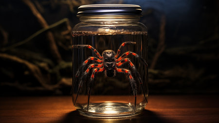 Tarantula in a glass jar on a dark backgroundの素材