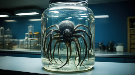 Tarantula in a glass jar in the laboratoryの素材