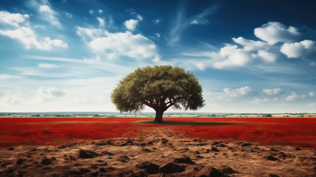 Tree in the field with sky and clouds. 3d illustration.