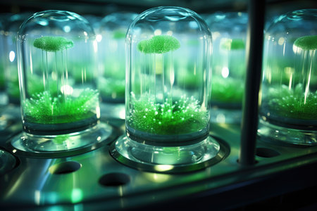 Laboratory glassware with green grass inside. Biotechnology concept.の素材