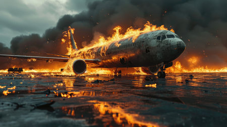 Airplane in the fire. Disaster concept. 3D illustration.の素材