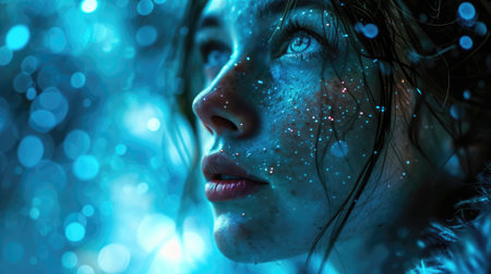 Portrait of a beautiful young woman with blue lights on her faceの素材