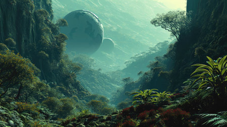 3D render of an alien planet in deep tropical rainforest.の素材