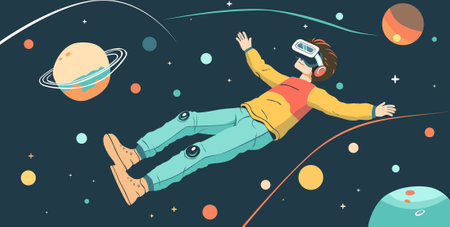A guy in outer space wearing VR glasses. Metaverse Digital Virtual Reality Technologyのイラスト素材
