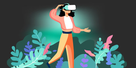 Flat vector illustration with woman wearing virtual reality glasses. A meta-universe of entertainment. Interaction and exploration of the virtual worldのイラスト素材