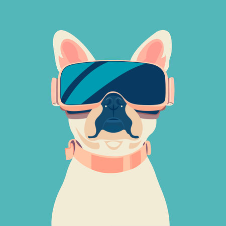 French Bulldog in VR glasses. Solid blue backgroundのイラスト素材