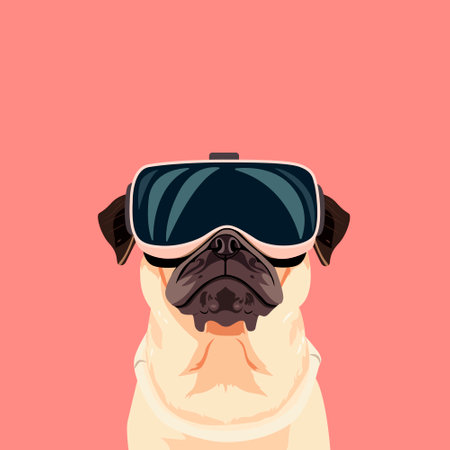 Pug dog in VR glasses. Solid pink backgroundのイラスト素材