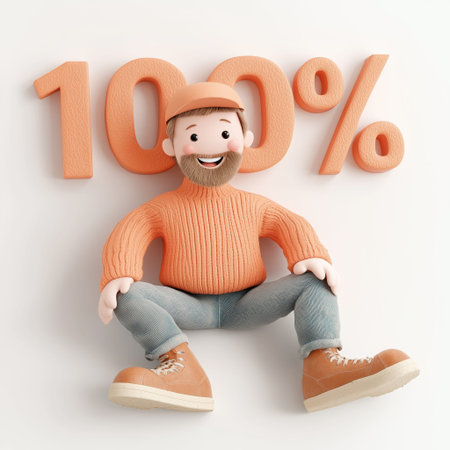 Cheerful cartoon figure in casual attire with 100 percent symbol in background.の素材