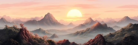 Tranquil mountain landscape at sunrise with rolling mist and soft light.の素材