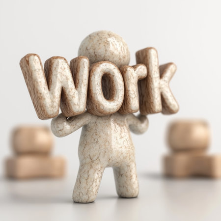 Burden of work concept with stone figure carrying letters for office motivation.の素材
