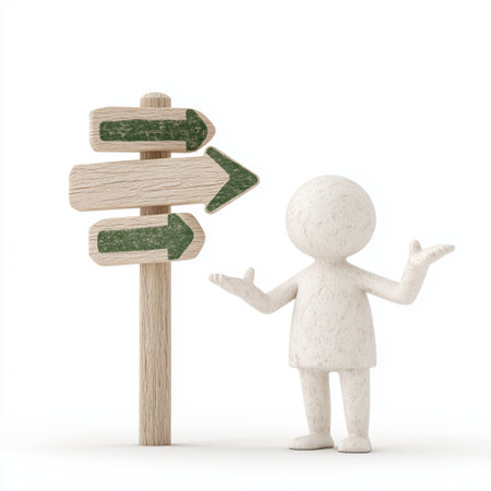 Decision-making concept with person near signpost with green arrows for direction guidance.の素材