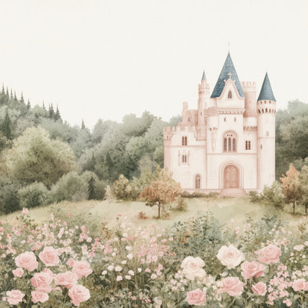 Enchanted castle with elegant rose and ivy border on blank page for romantic invitations and fairytale designs.の素材