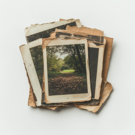 Vintage landscape photography with sepia prints depicting forest paths in autumn.の素材