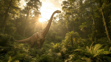 Majestic brachiosaurus in sunlit lush jungle.の素材