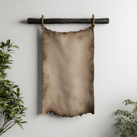 Ancient parchment scroll hanging on vintage wall with rustic decor.の素材