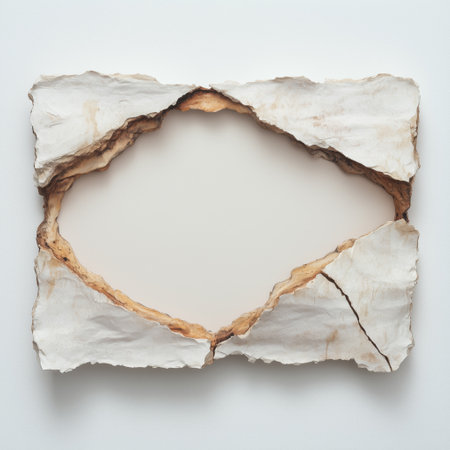 Torn paper frame with exposed center on white background for creative design.の素材