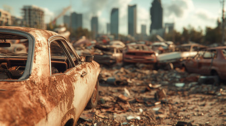 Post apocalyptic urban wasteland with abandoned rusty cars and city skyline.の素材
