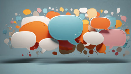 Colorful speech bubbles floating in a minimalist composition.の素材