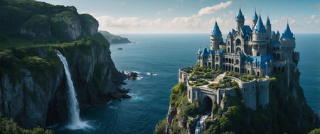 Majestic castle on clifftop overlooking ocean with waterfall and lush greenery.の素材