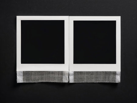 Blank polaroid frames on dark background with vintage aesthetic.の素材