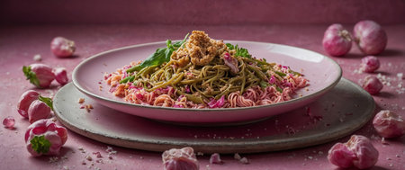 Gourmet pink and green noodle dish with fresh garlic and herbs on artistic pink setting.の素材