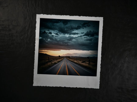 Moody desert road at sunset captured in vintage polaroid style.の素材