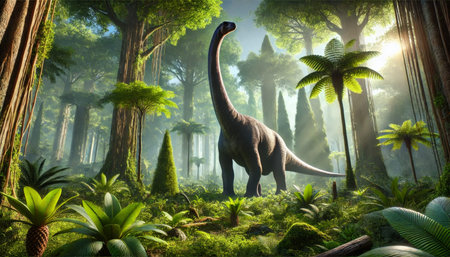 Brachiosaurus roaming a lush jurassic forest scene with dense vegetation and sunlight filtering through trees.の素材