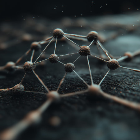 Futuristic molecular structure with interconnected spheres on a dark surface.の素材