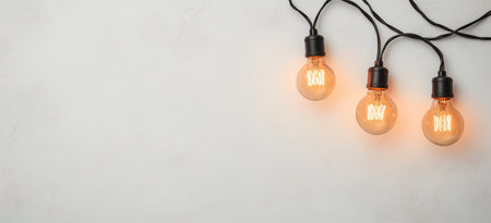Vintage light bulbs with black cords on minimalist background for home decor.の素材
