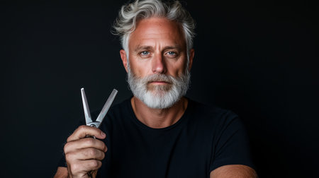 Confident mature man with white beard holding scissors in stylish portrait.の素材