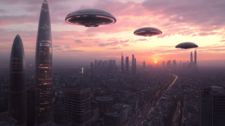 Futuristic cityscape at sunset with flying saucers in a dramatic sky.の素材