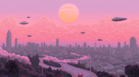Futuristic sunset cityscape with ufos in a pink sky.の素材