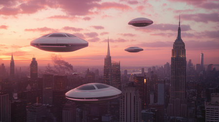Futuristic ufos hovering over a vibrant cityscape at sunset.の素材
