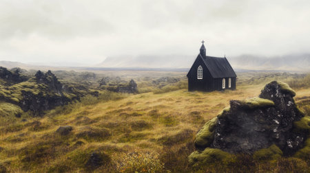 Remote black church in misty icelandic landscape.の素材