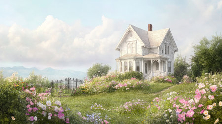 Victorian house with lush garden in bloom surrounded by scenic landscape under gentle sky.の素材