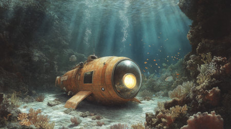 Exploration in a vintage submarine beneath sunlit ocean waters.の素材