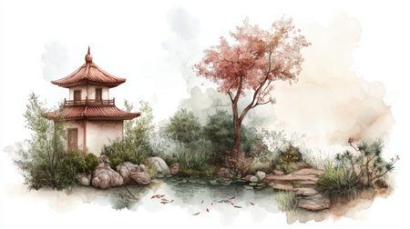 Serene japanese garden with pagoda and tranquil pond in watercolor art.の素材