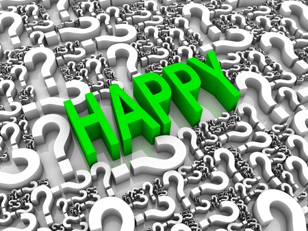 HAPPY 3D text surrounded by question marksの写真素材