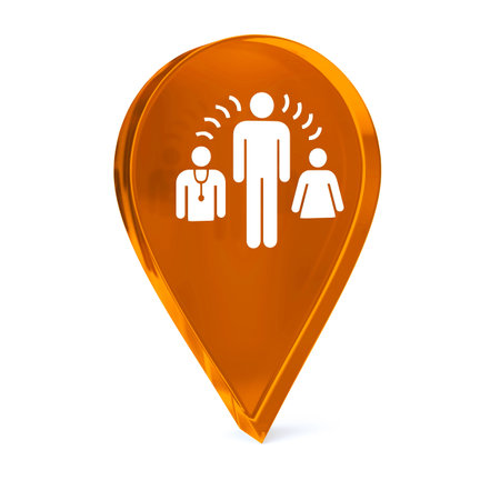 Glass GPS marker icon with white health care sign or symbolの写真素材
