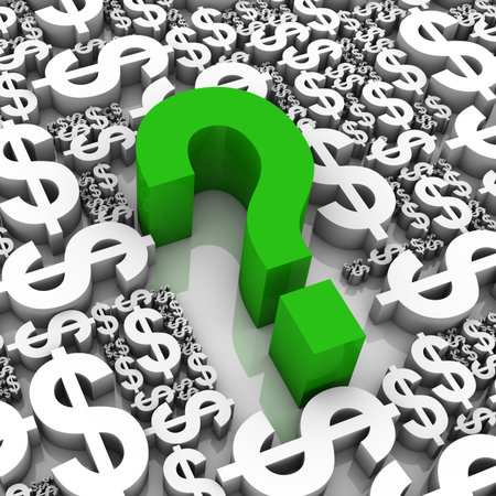 Question mark surrounded by dollar currency symbols. Part of a series.の写真素材