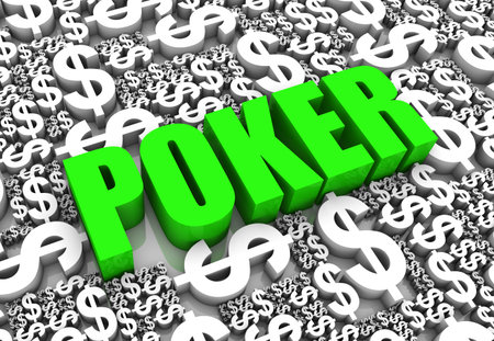Poker 3D text surrounded by dollar currency symbols.の写真素材