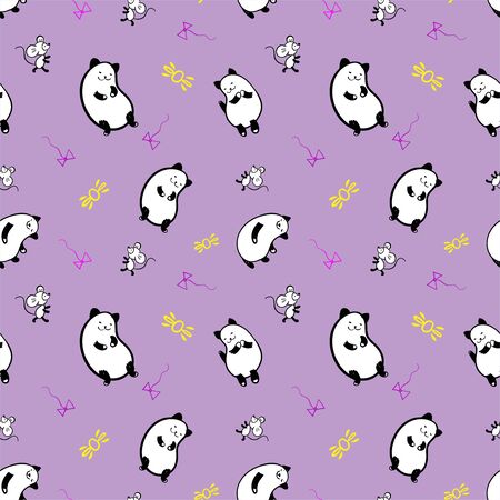 Seamless vector pattern with cute cats and mouses on violet background. Funny cartoon illustration. Perfect for textile print, wallpapers and other.のイラスト素材