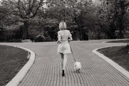 Young woman and red spitz with a medical mask on her face on nature on a spring day. Coronavirus pandemic, quarantine.の写真素材