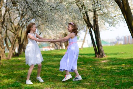 Two beautiful young girls with blue eyes in a white dresses in the garden having fun and enjoying smell of flowering spring garden.の写真素材