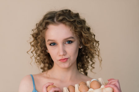 Studio shot of a cute curly woman holding an eggs - copy space on grey background. Emotional...