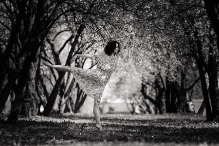 Young attractive woman with curly long hair posing in spring blooming gardenの写真素材