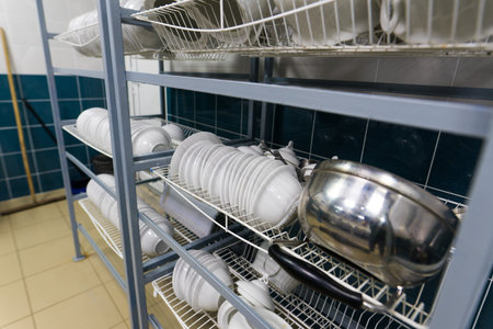 Restaurant kitchen equipment for preparing food, meal, plates, details.の写真素材