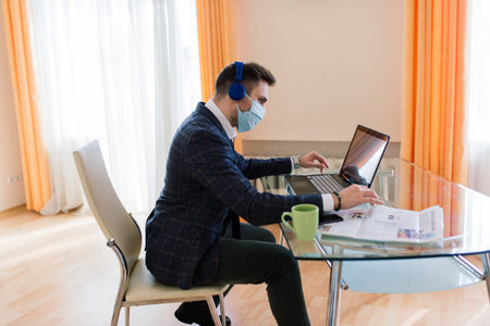 Photo of young handsoma businessman with notebook freelance job internet, want get job quarantine...