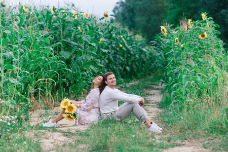 Minsk, Belarus - 08.13.2020. Loving couple in white dresses kissing, smiling, hughing in field of sunflowersのeditorial素材