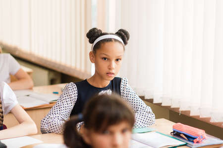 Minsk, Belarus - 09.01.2020. Elementary schoolchildren writing in books in classroomのeditorial素材